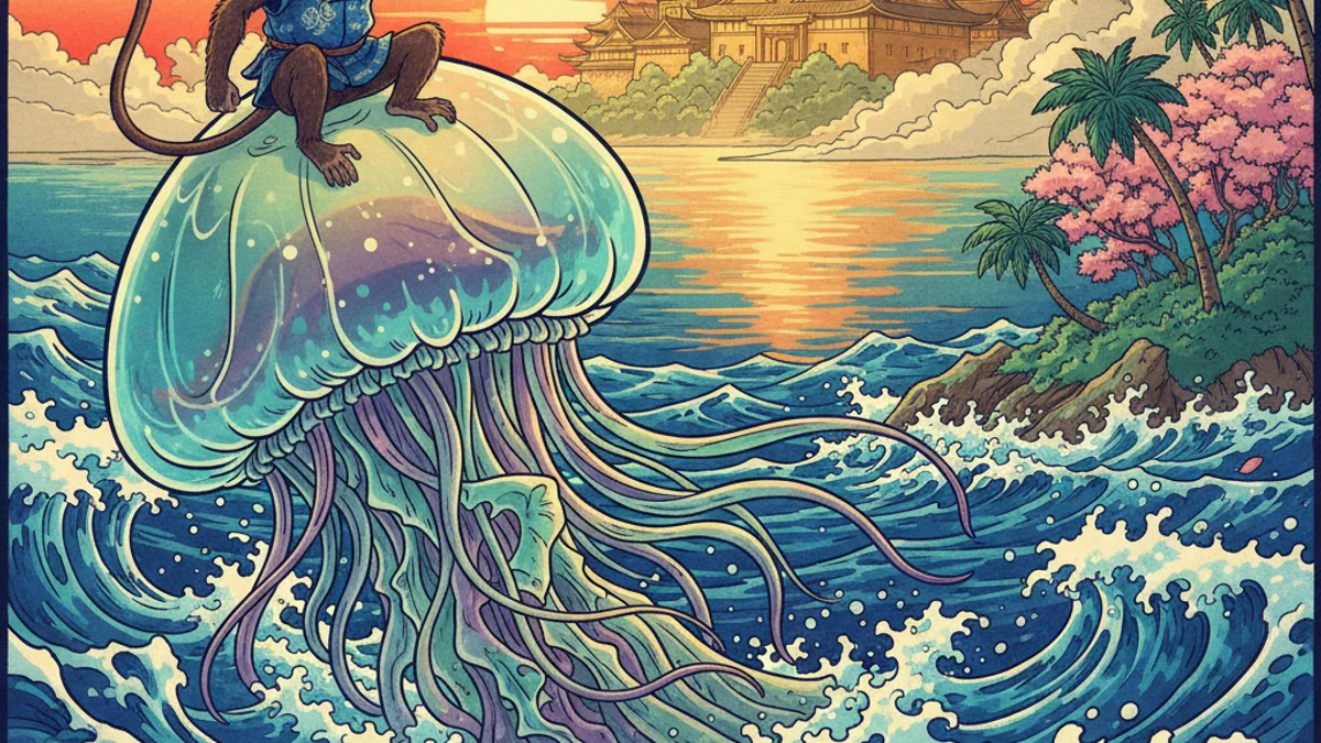 The Jellyfish and the Monkey - Classic Folktales story illustration from Japanese Folklore