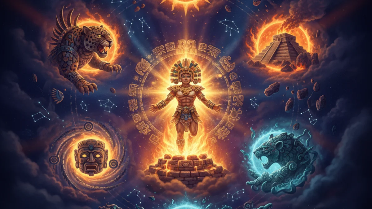 The Legend of the Five Suns - Aztec Gods story illustration from Mayan and Aztec Mythology
