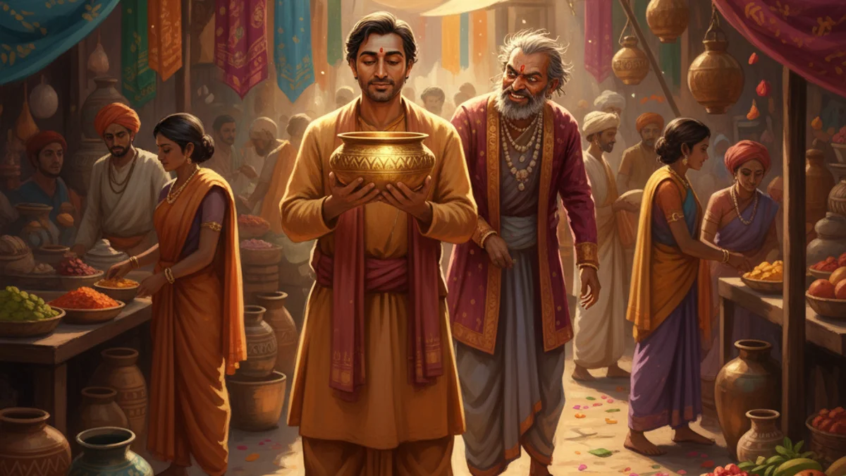 Illustration for The Merchant of Seri - a stories of buddha's past lives Buddhist Jataka Tales story with moral lessons