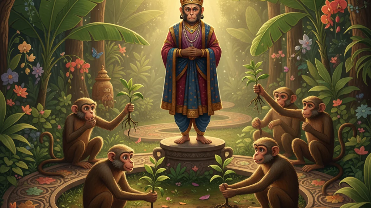 The Monkey Gardeners - Tales of Compassion and Wisdom story illustration from Buddhist Jataka Tales