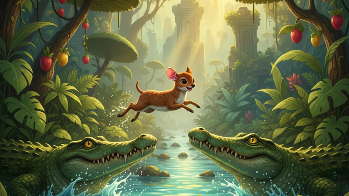 Illustration for The Mouse Deer and the Crocodiles - a sang kancil tales Indonesian Folklore story with moral lessons