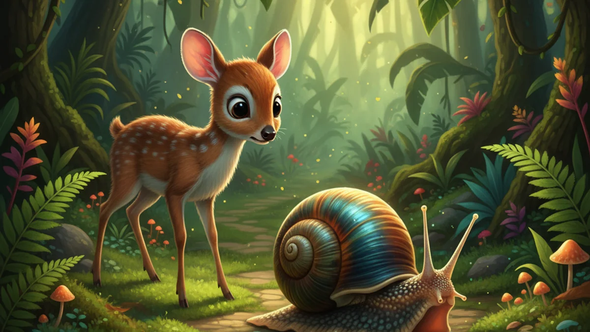 The Mouse Deer and the Snail Race - Sang Kancil Tales story illustration from Indonesian Folklore