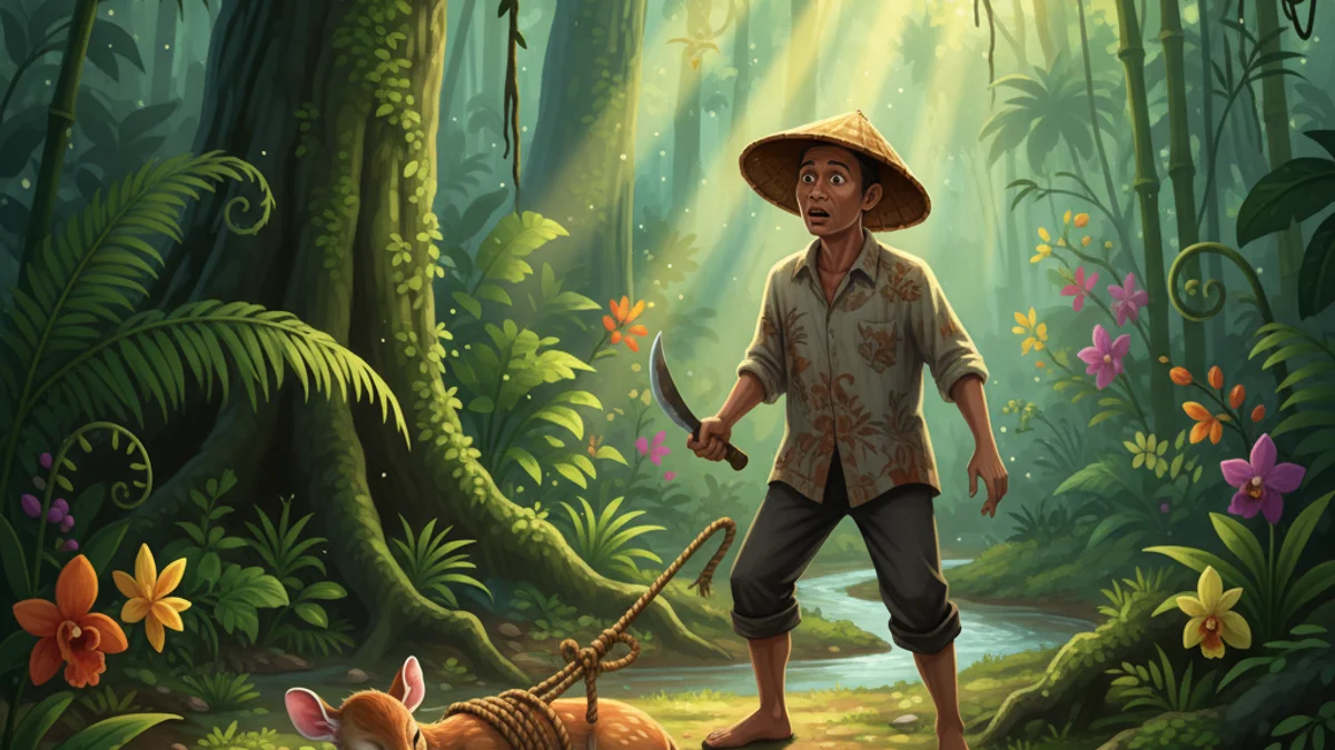 The Mouse Deer Escapes the Trap - Sang Kancil Tales story illustration from Indonesian Folklore