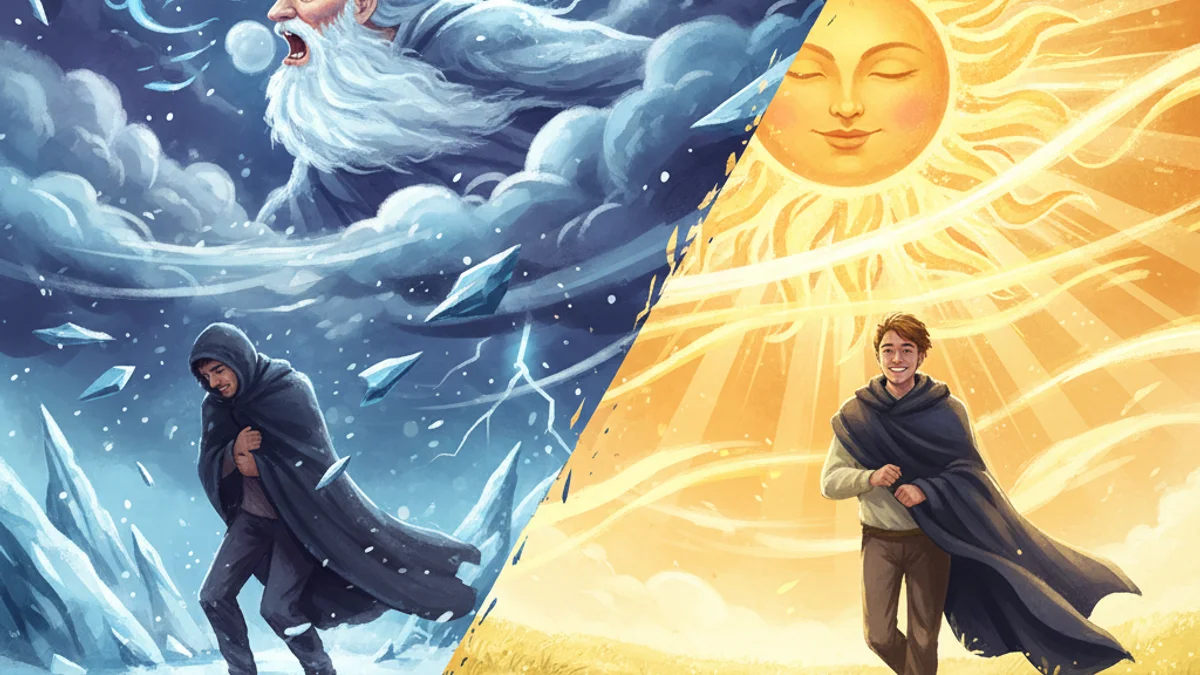 The North Wind and the Sun - Aesop's Fables Extended story illustration from Moral Fables