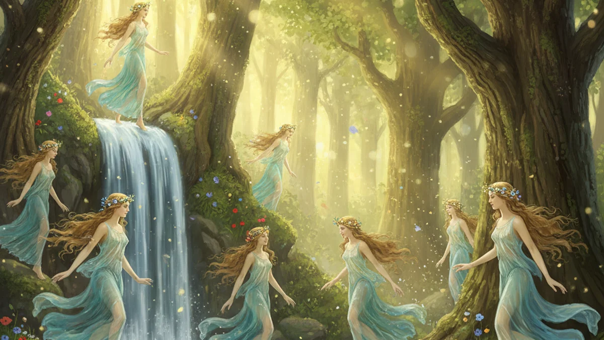 Illustration for The Nymphs - a mythical creatures Greek Myths story with moral lessons