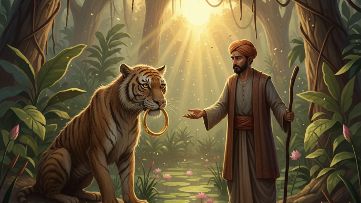 The Old Tiger and the Traveler - Animal Stories with Life Lessons story illustration from Panchatantra