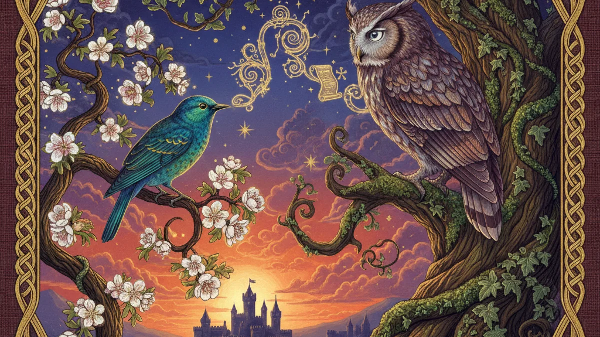 The Owl and the Nightingale - Beast Epics story illustration from Medieval Tales