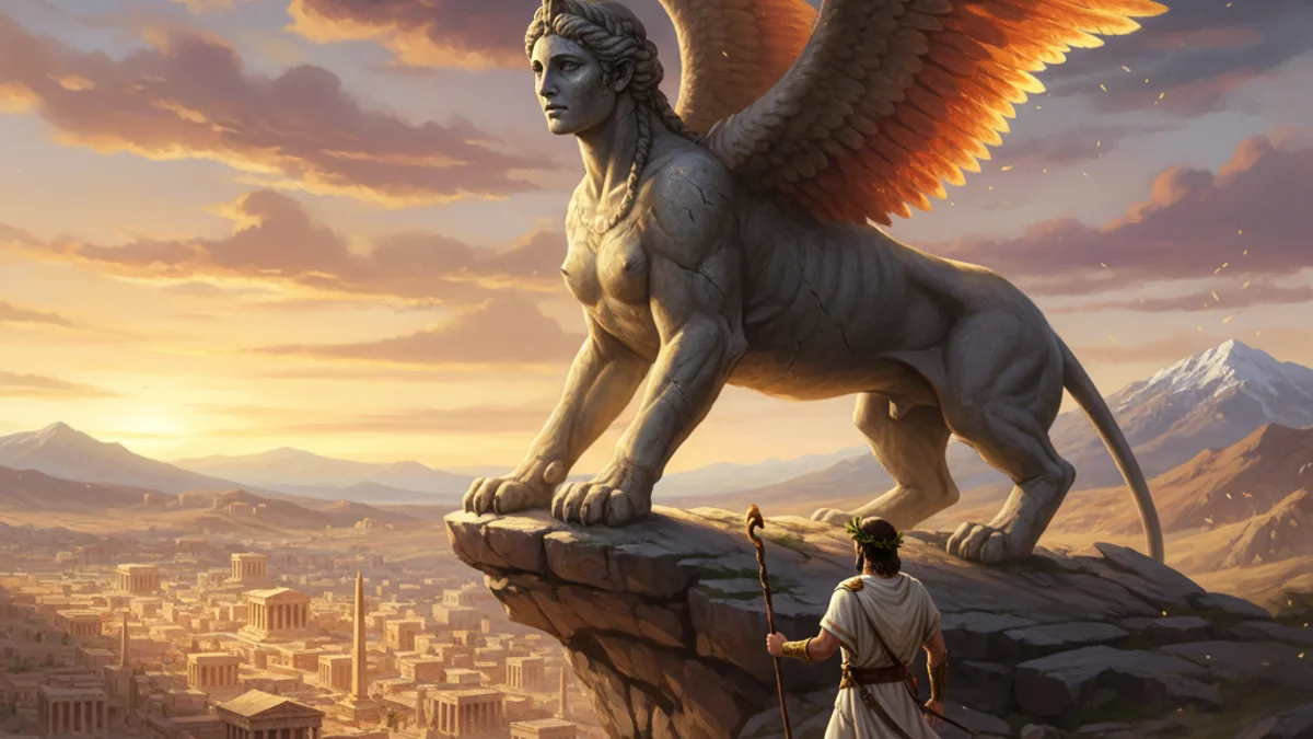 Illustration for The Sphinx's Riddle - a mythical creatures Greek Myths story with moral lessons