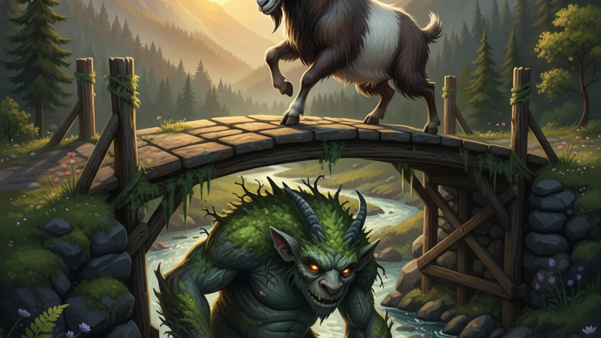 Illustration for The Three Billy Goats Gruff - a famous fairy tales European Folklore story with moral lessons