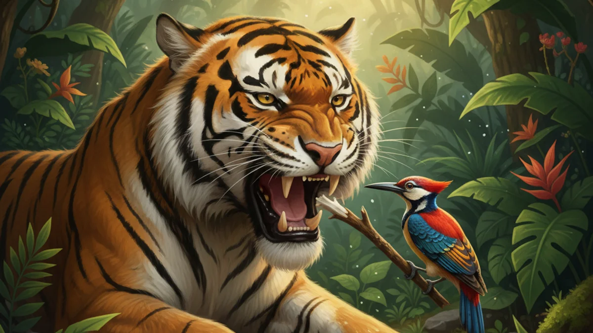 The Tiger and the Woodpecker - Animal Stories with Life Lessons story illustration from Panchatantra