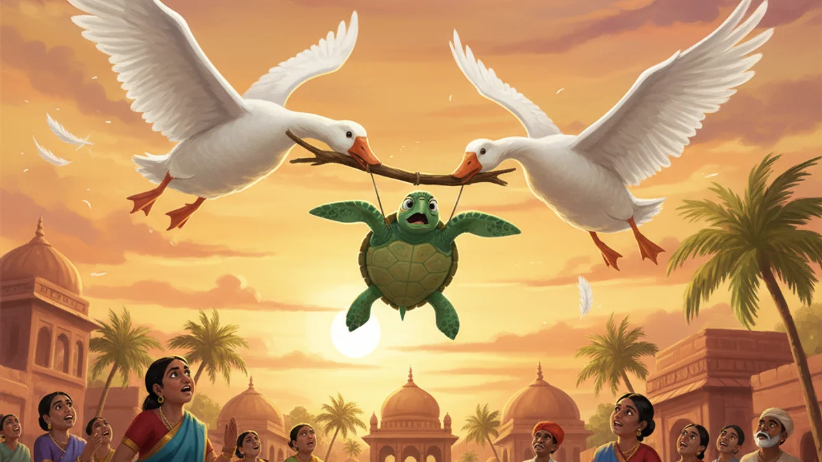 The Turtle and the Geese - Animal Stories with Life Lessons story illustration from Panchatantra