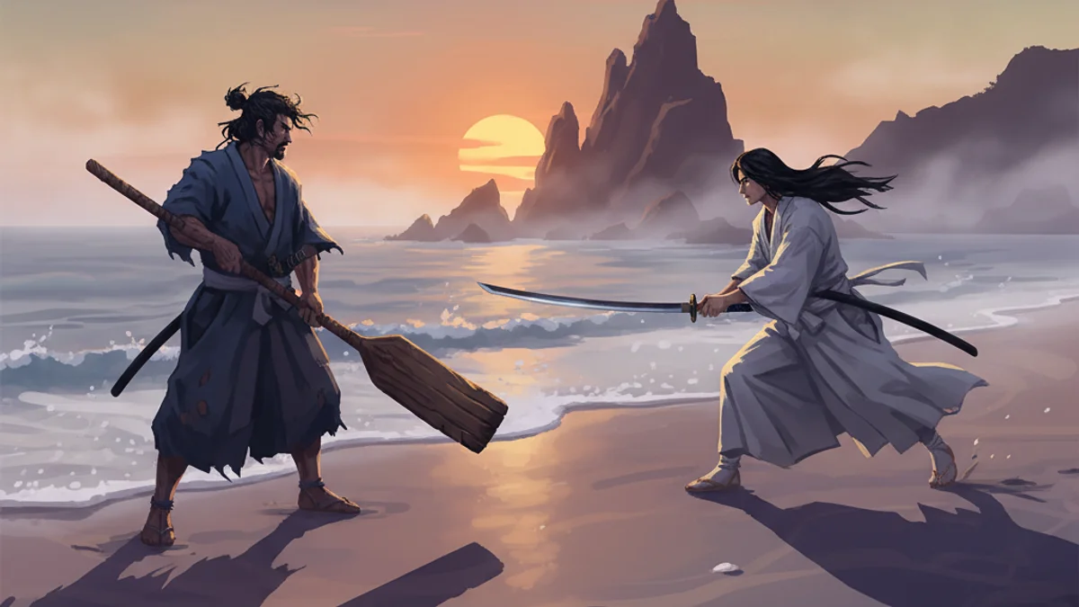The Wooden Sword Victory - Legends of Miyamoto Musashi story illustration from Japanese Samurai Legends