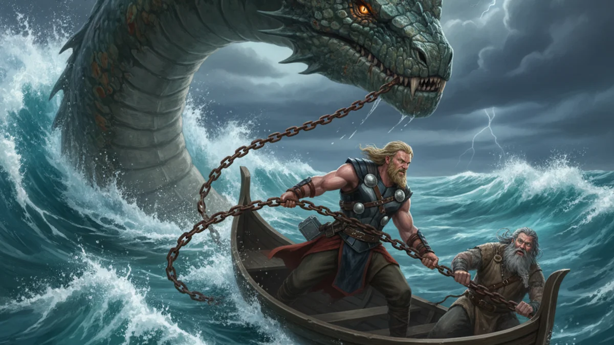 Thor's Fishing Trip - Aesir Gods story illustration from Norse Myths