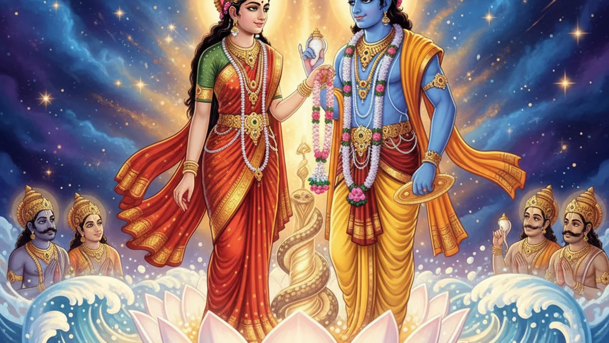 Vishnu and Lakshmi - Stories of Vishnu and Shiva story illustration from Hindu Puranas