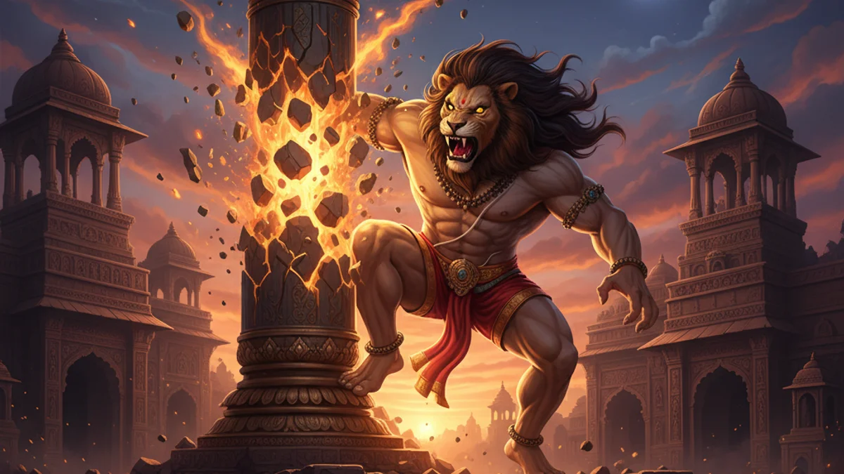 Illustration for Vishnu as Narasimha - a gods and demons Hindu Epics story with moral lessons