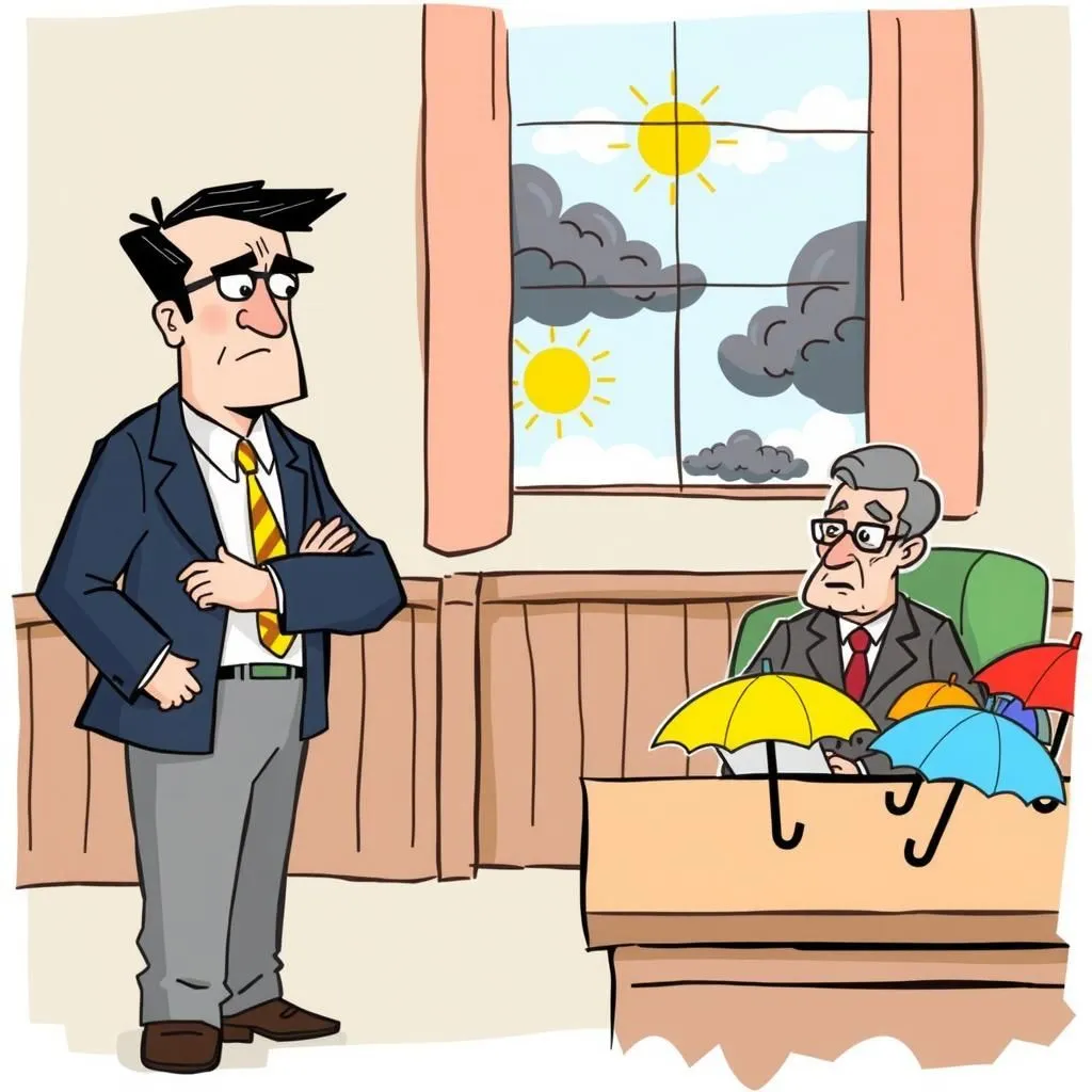 A Forfeited Right - Aesop's Fable illustration featuring Chief of the Weather Bureau and  Thrifty Person