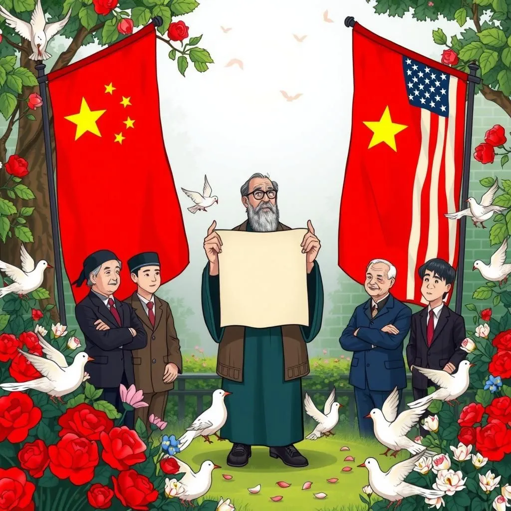 A Treaty of Peace - Aesop's Fable illustration featuring Philosopher and  China