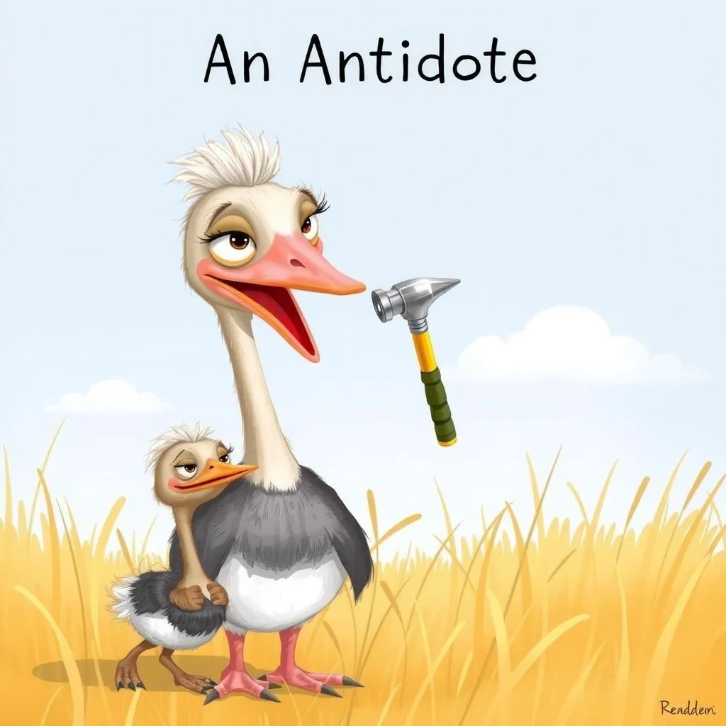 An Antidote - Aesop's Fable illustration featuring Young Ostrich and  Mother Ostrich