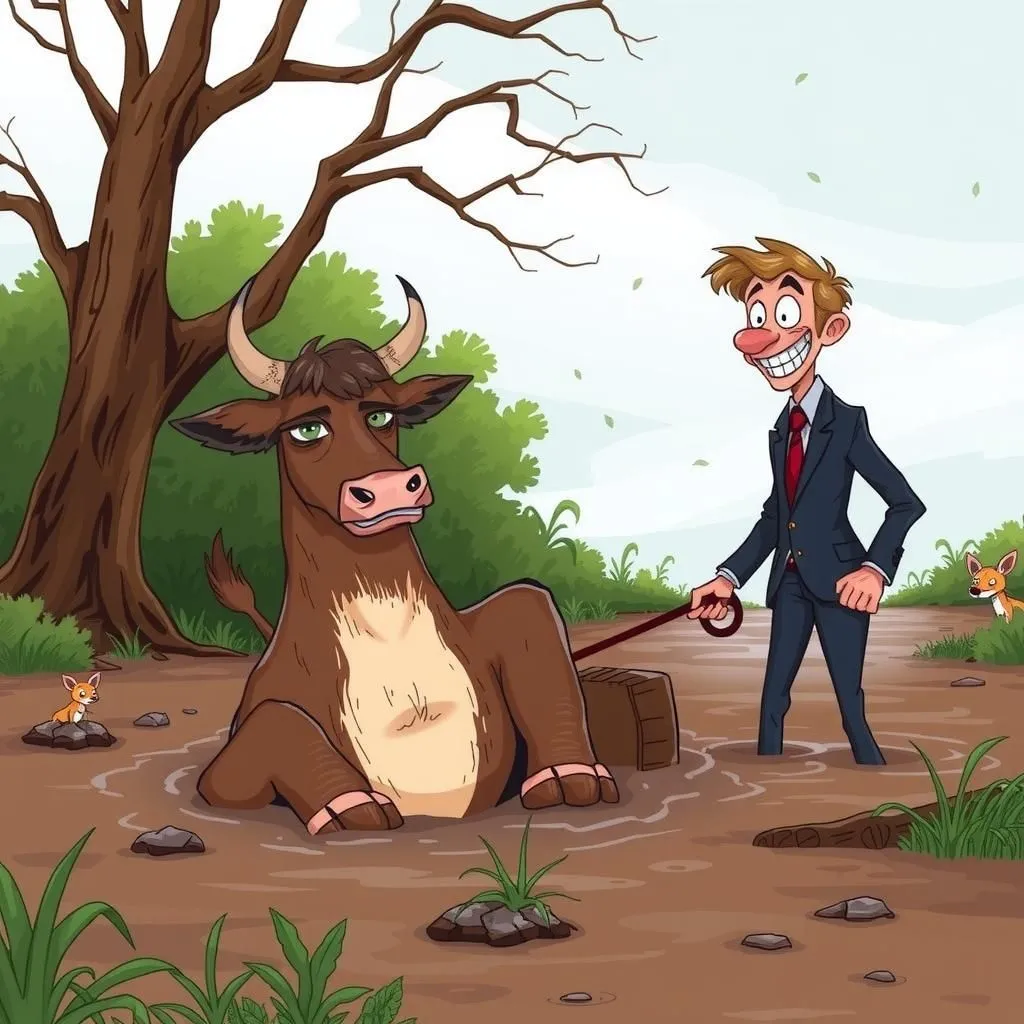 Isang Hindi Sapat na Bayad. - Aesop's Fable illustration featuring Baka and  Lakas-Pampulitika.