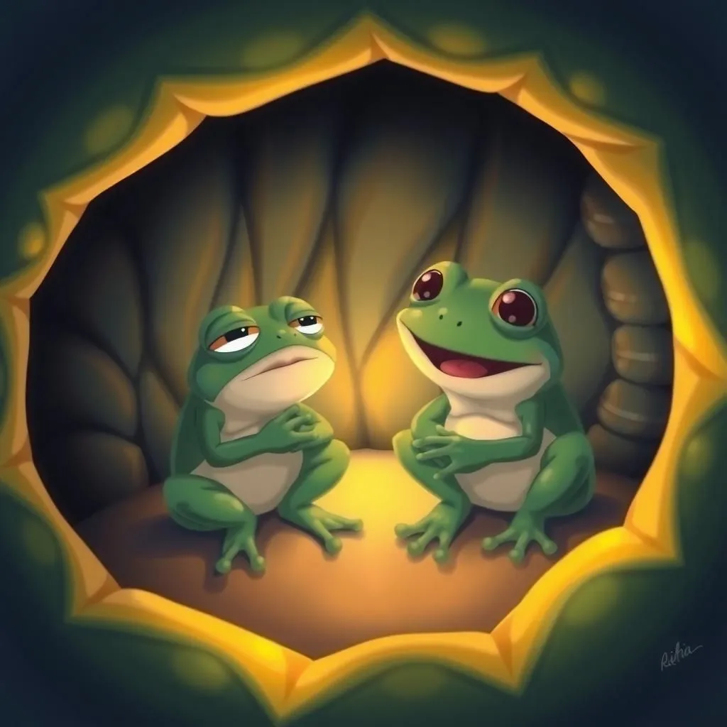 ఒక ఆశావాది. - Aesop's Fable illustration featuring రెండు కప్పలు and  పాము