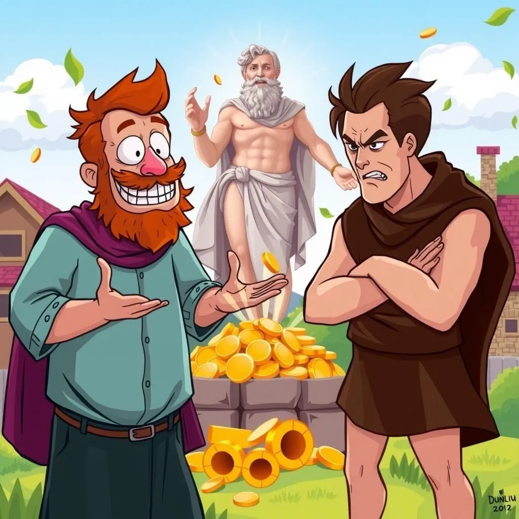 Avaro e Invidioso - Aesop's Fable illustration featuring Giove and  Uomo avaro