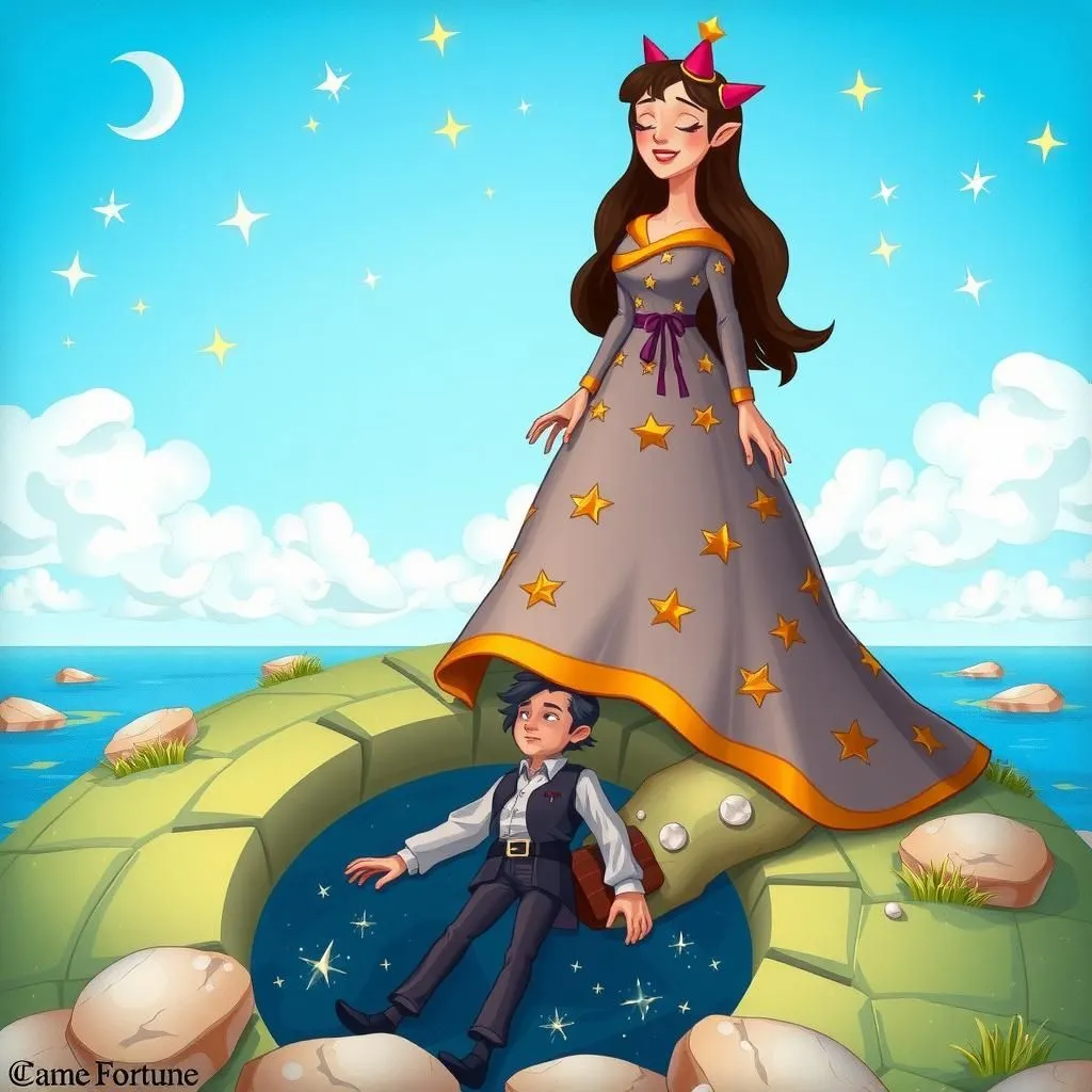 Dame Fortune and the Traveller - Aesop's Fable illustration featuring Dame Fortune and  Traveller