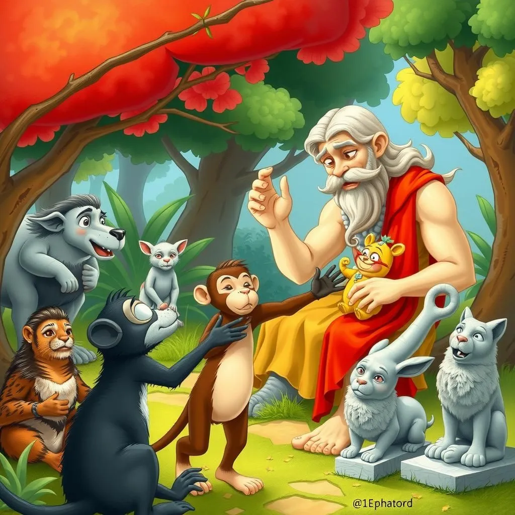 Jupiter and the Baby Show - Aesop's Fable illustration featuring Jupiter and  Monkey