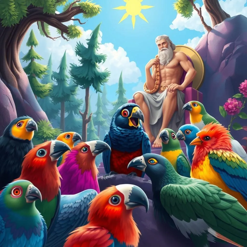 Giove e gli Uccelli - Aesop's Fable illustration featuring Giove and  taccola