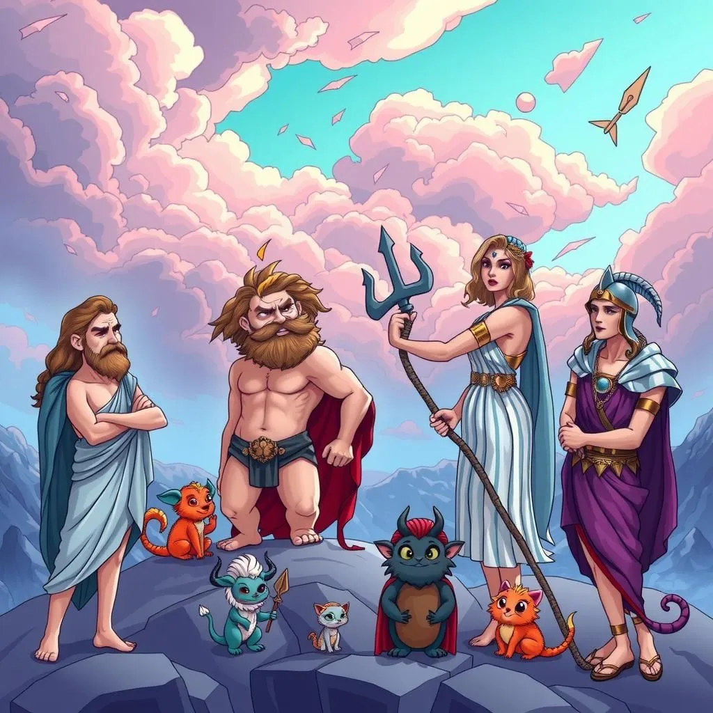 Jupiter Neptune Minerva at Momus - Aesop's Fable illustration featuring Jupiter and  Neptune