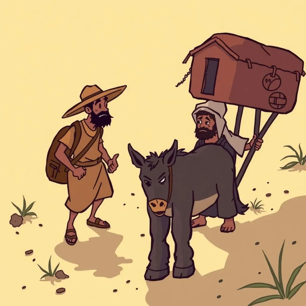 Осел і його тінь - Aesop's Fable illustration featuring Мандрівник and  Осел