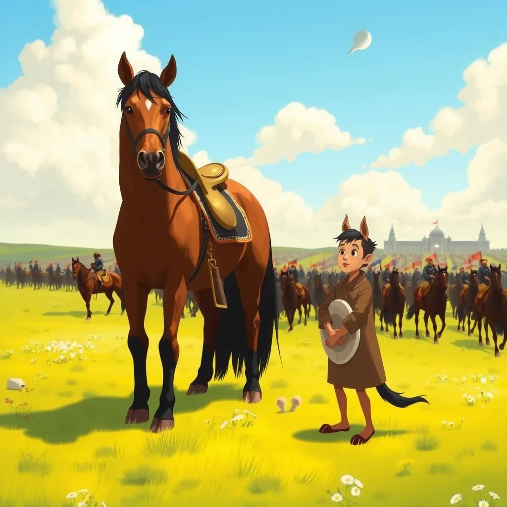 Ang Asno at ang Kabayong Pandigma. - Aesop's Fable illustration featuring Asno and  Kabayo