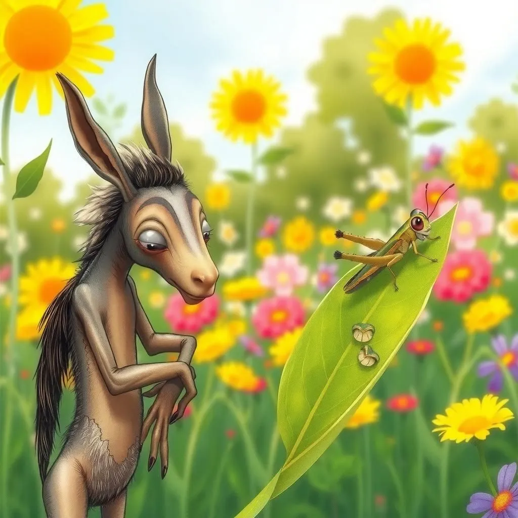 గాడిద మరియు మిడత. - Aesop's Fable illustration featuring గాడిద and  మిడత.