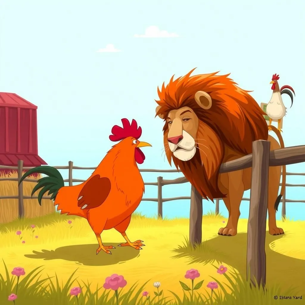 Ang Asno, ang Tandang, at ang Leon. - Aesop's Fable illustration featuring Puwet and  Titi