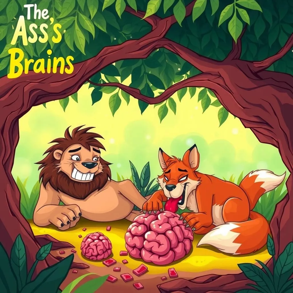 The Ass's Brains - Aesop's Fable illustration featuring Lion and  Fox