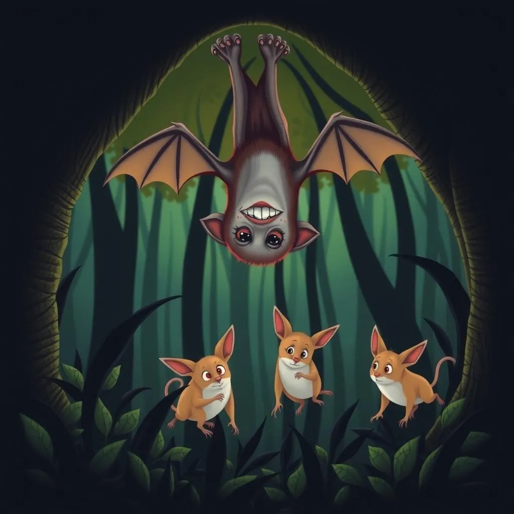 Il pipistrello e le donnole. - Aesop's Fable illustration featuring Pipistrello and  Donnola