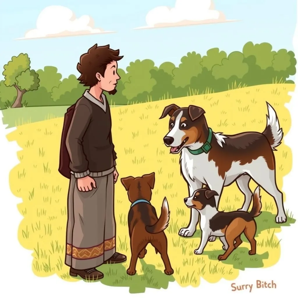 కుక్క మరియు దాని పిల్లలు - Aesop's Fable illustration featuring బిచ్ and  షెపర్డ్