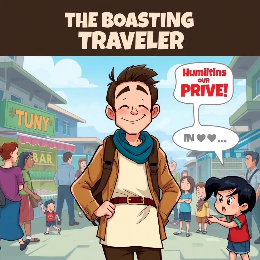 అహంకార ప్రయాణికుడు. - Aesop's Fable illustration featuring అహంకార ప్రయాణికుడు and  ప్రేక్షకుడు