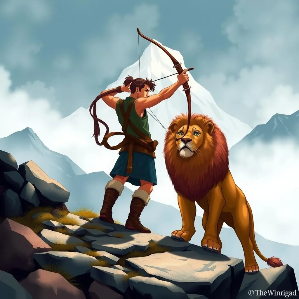 El Bowman y el León. - Aesop's Fable illustration featuring Bowman and  León