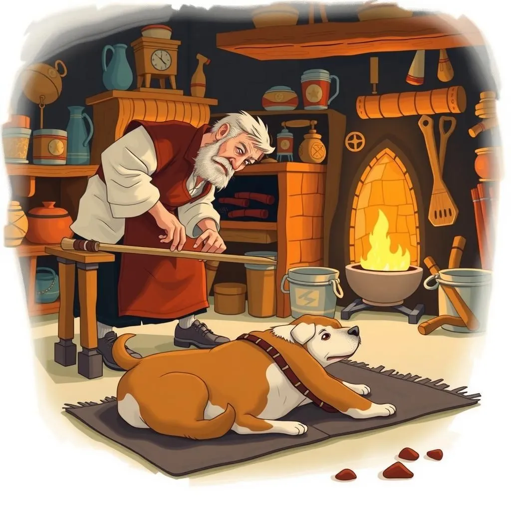 బ్రేజియర్ మరియు అతని కుక్క - Aesop's Fable illustration featuring బ్రేజియర్ and  డాగ్