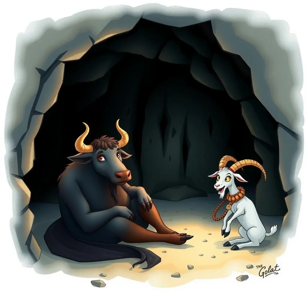 Ang Toro at ang Kambing. - Aesop's Fable illustration featuring Toro and  Leon