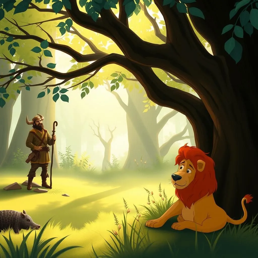 Il toro, la leonessa e il cacciatore di cinghiali. - Aesop's Fable illustration featuring Toro and  Leonessa