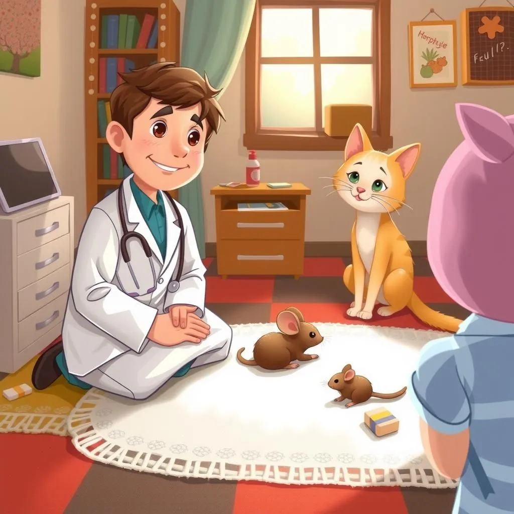 Ang Maawain na Mangagamot. - Aesop's Fable illustration featuring Mabait na Manggagamot and  Pusa