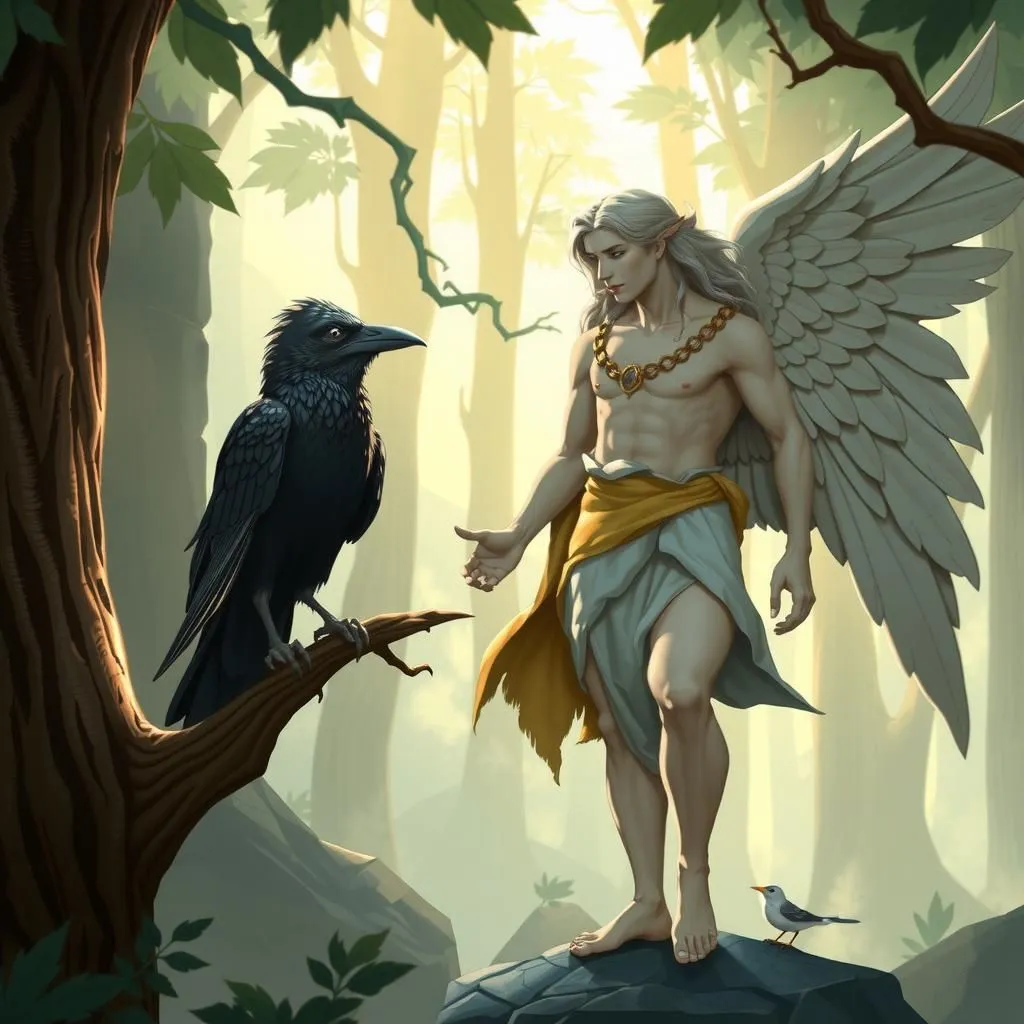 Ang Uwak at si Mercury. - Aesop's Fable illustration featuring Uwak and Apollo