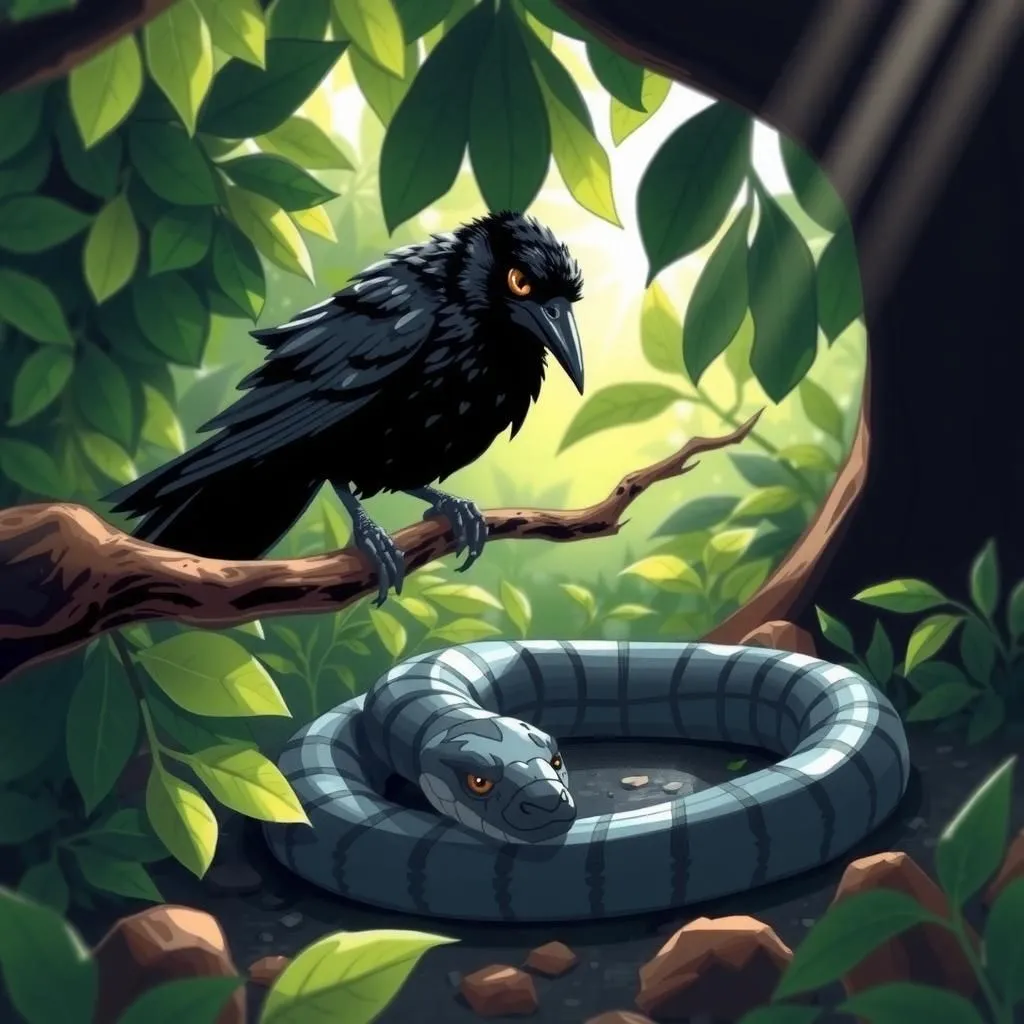 Il Corvo e il Serpente. - Aesop's Fable illustration featuring Corvo and  Serpente