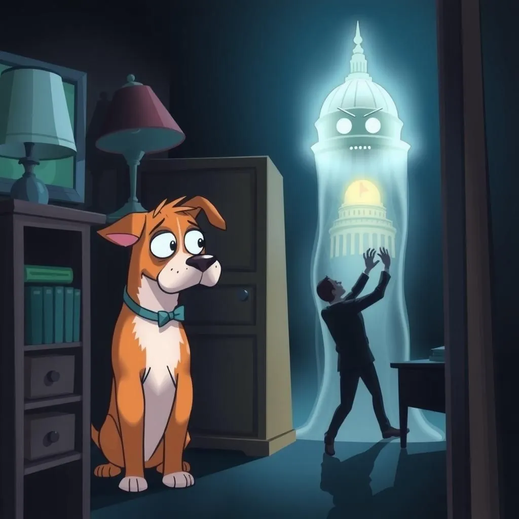 Ang Aso at ang Kanyang Anino. - Aesop's Fable illustration featuring Opisyal ng Estado and  Multo ng nauna