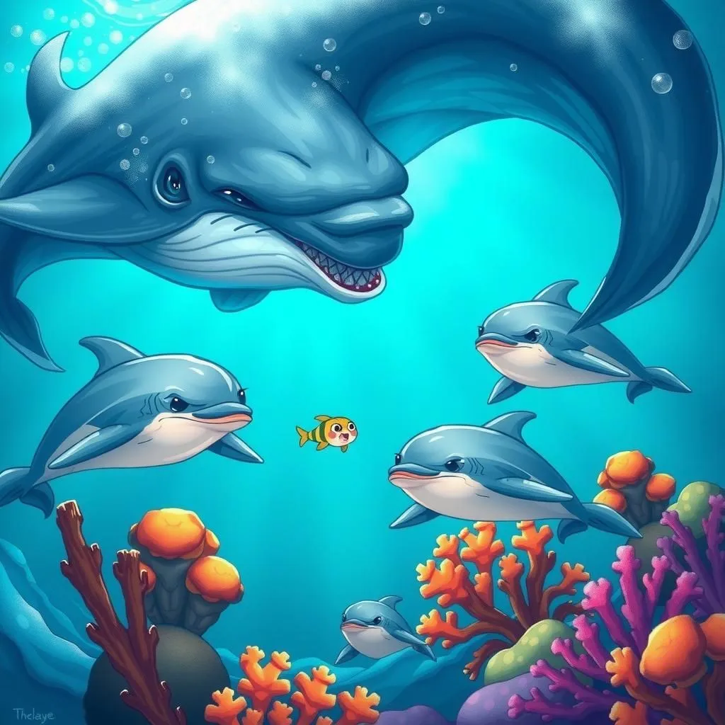 The Dolphins the Whales and the Sprat - Aesop's Fable illustration featuring Dolphins and  Whales