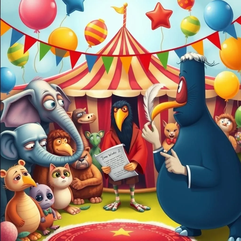 Ang Pabulista at ang mga Hayop. - Aesop's Fable illustration featuring Ang Matalinong Manunulat ng mga Pabula and Elepante