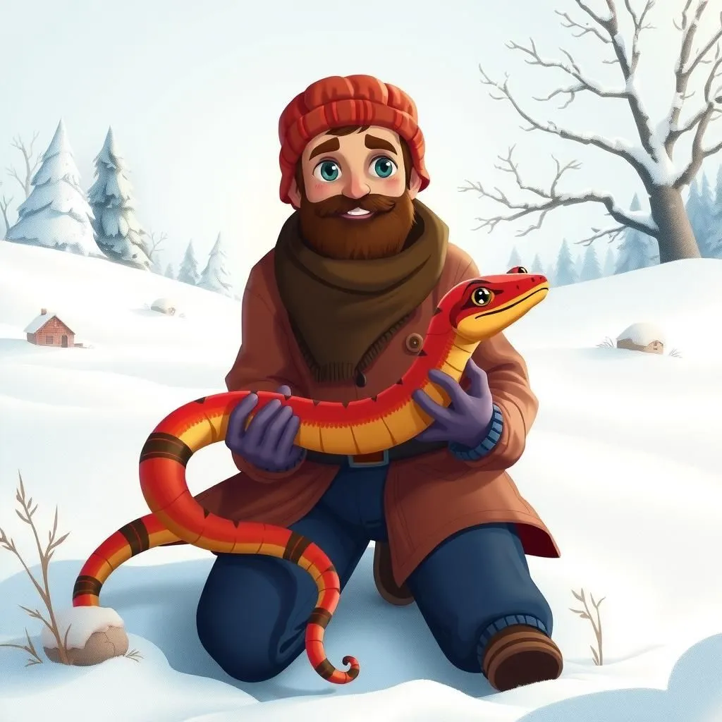 రైతు మరియు పాము - Aesop's Fable illustration featuring రైతు and  పాము