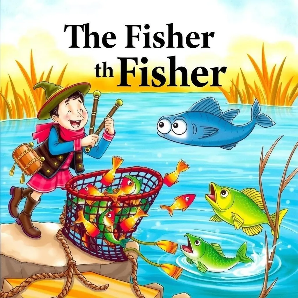 The Fisher - Aesop's Fable illustration featuring Fisher and  old Fish
