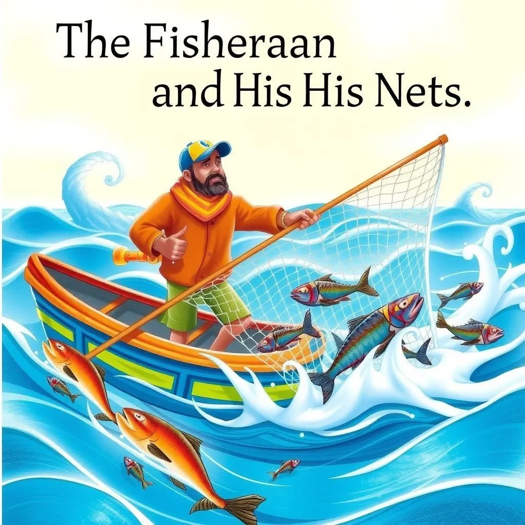 The Fisherman and His Nets - Aesop's Fable illustration featuring Fisherman and  large fish